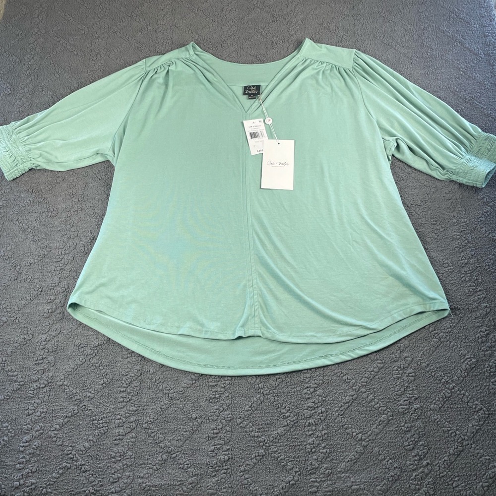 Oak & Trellis Granite Green V-Neck Puff Sleeve Blouse 3X NWT